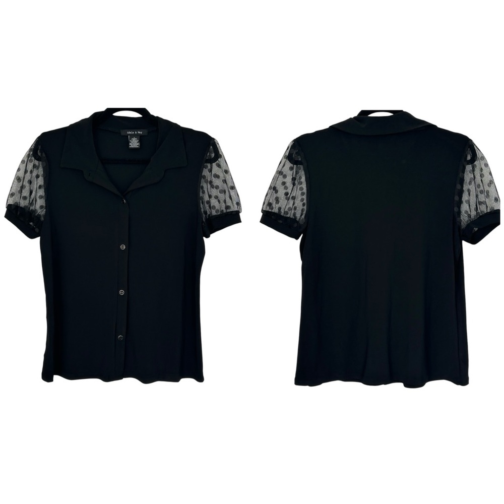 ADELE & MAY Women’s Blake Faux Button-Up Blouse Sheer Polka Dot Cap Sleeve L